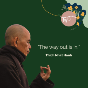A graphic featuring a photo of Vietnamese Zen Buddhist teacher Thich Nhat Hanh in meditation pose with his quote, "The way out is in."