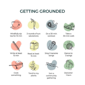 A graphic of 12 icons, each symbolizing an action I take to help me get grounded.