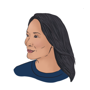 Illustration of an East Asian woman with medium Black straight hair, light skin, and a dark blue top. Illustration by Anna Gagliuffi.
